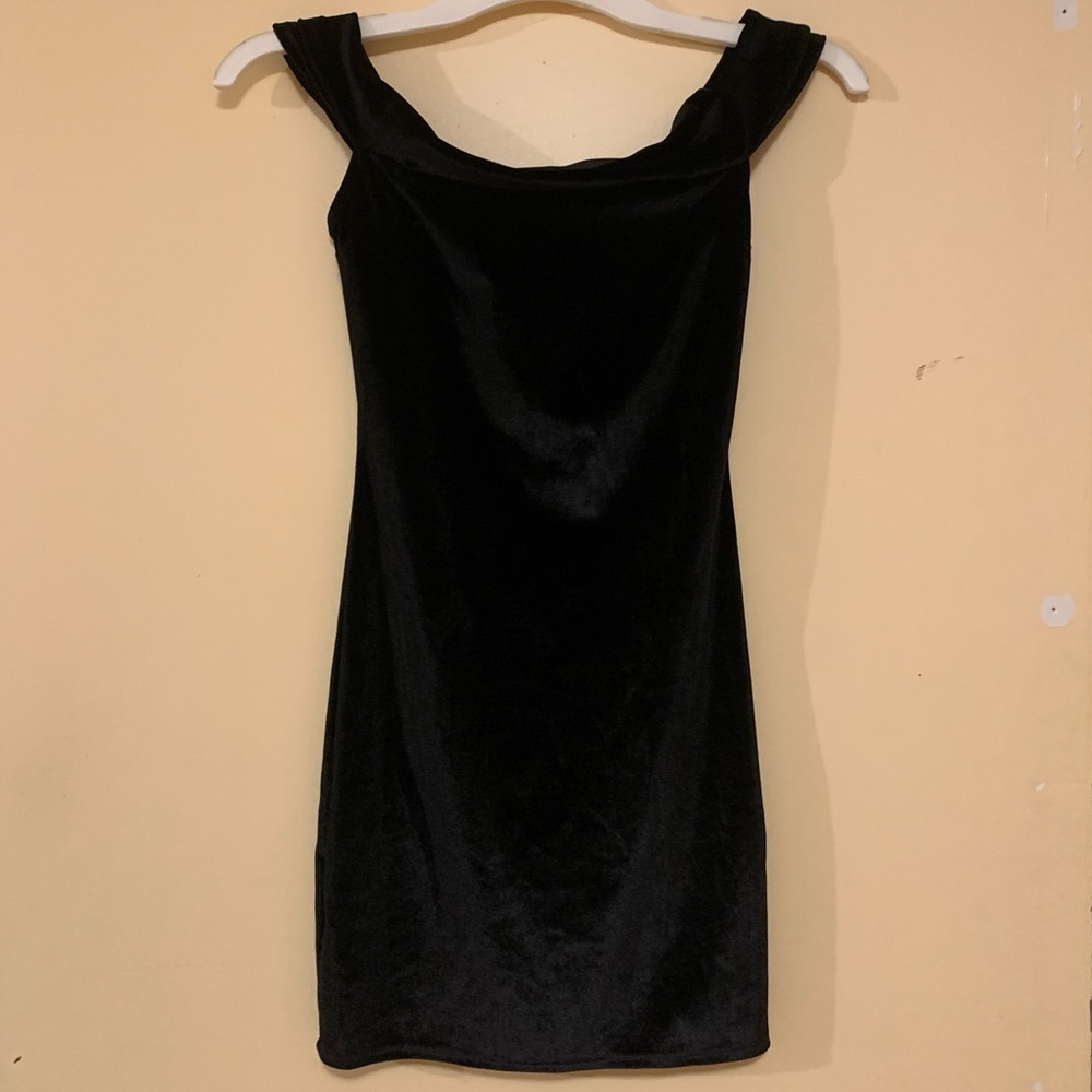 Black velvet off the shoulder mini dress